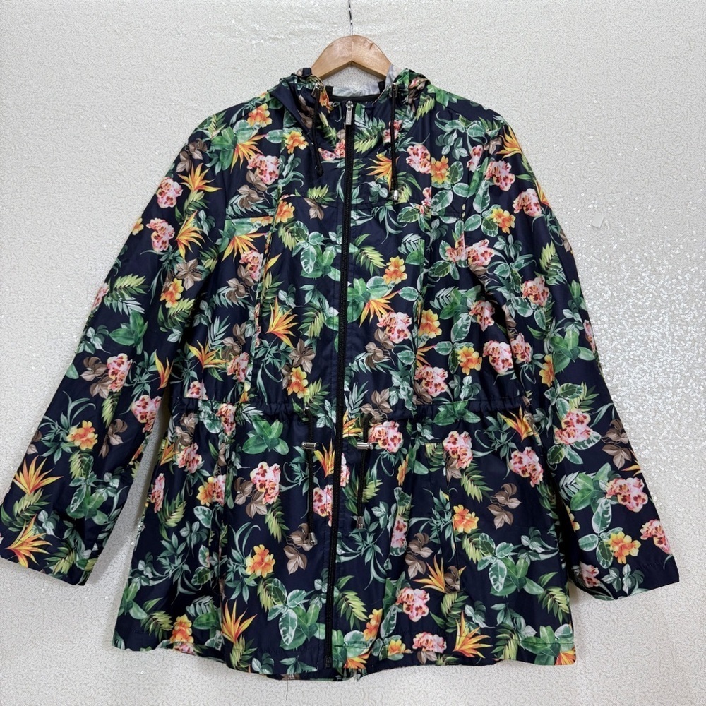 Susan Graver XL Tropical Floral Hooded Utility Jacket Zip Front - Picture 14 of 15